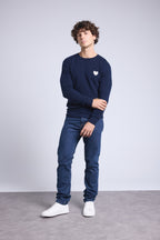 Victor Heart Round Neck Jumper - Navy Blue and White - Men