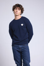 Victor Heart Round Neck Jumper - Navy Blue and White - Men