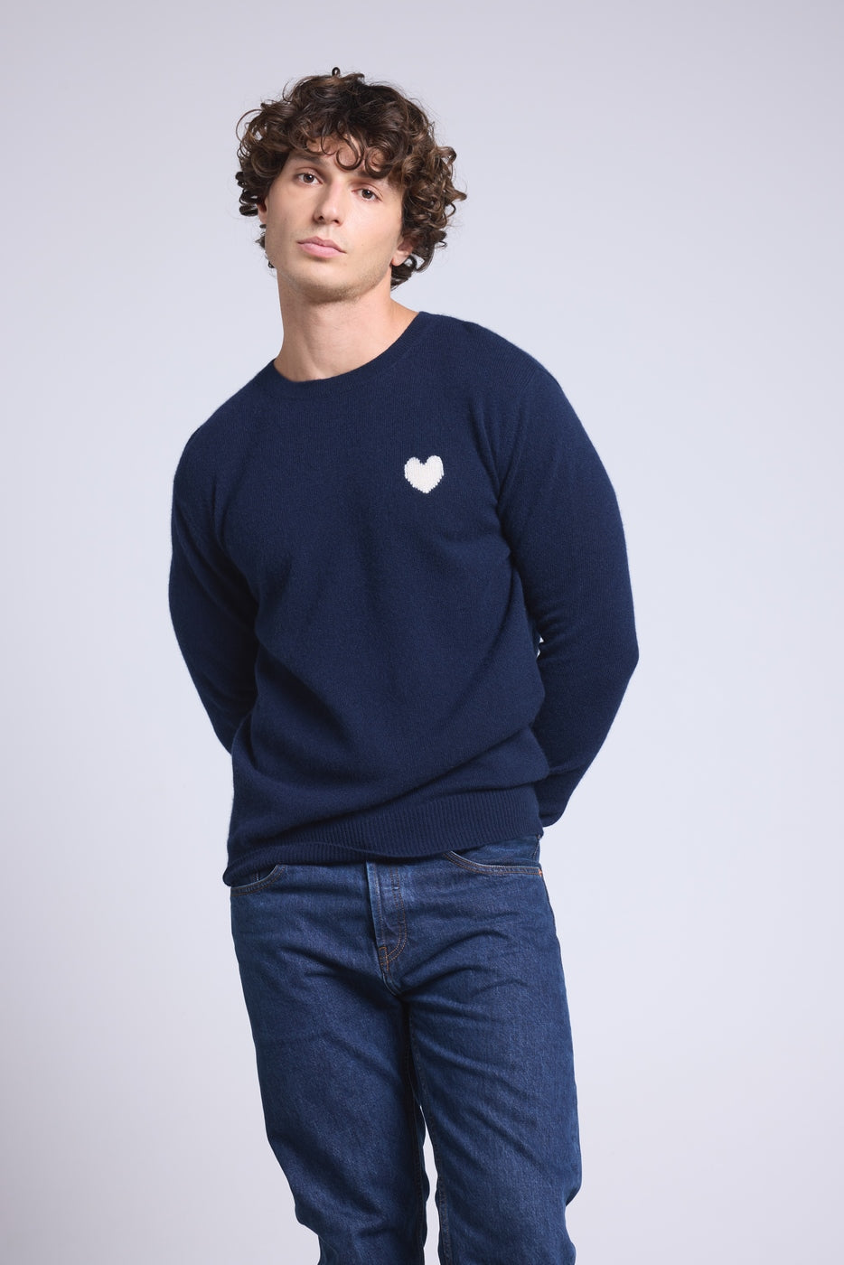 Victor Heart Round Neck Jumper - Navy Blue and White - Men