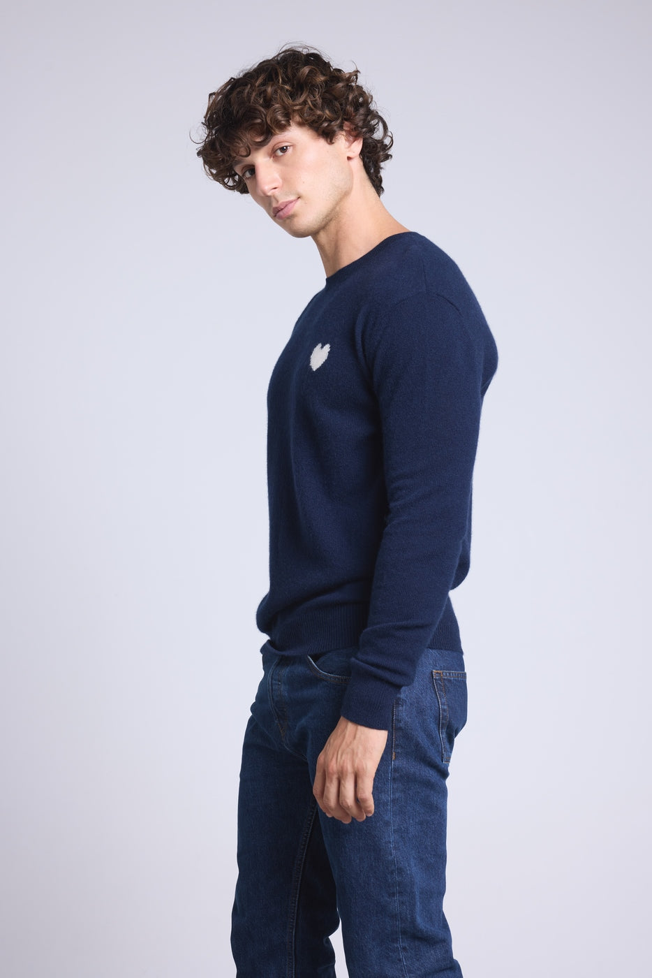 Victor Heart Round Neck Jumper - Navy Blue and White - Men