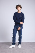 Victor Heart Round Neck Jumper - Navy Blue and White - Men