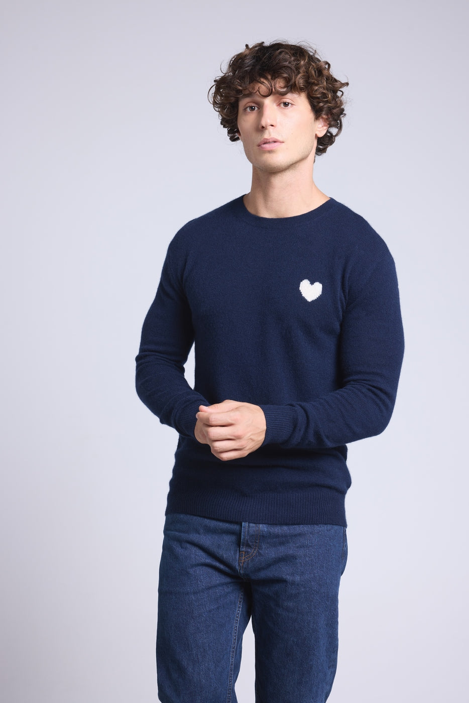 Victor Heart Round Neck Jumper - Navy Blue and White - Men