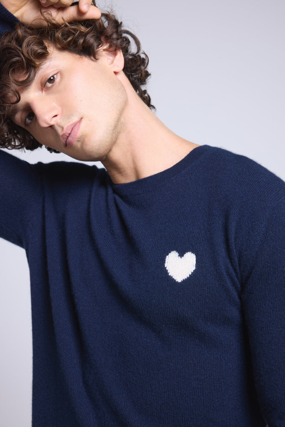 Victor Heart Round Neck Jumper - Navy Blue and White - Men