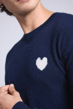 Victor Heart Round Neck Jumper - Navy Blue and White - Men