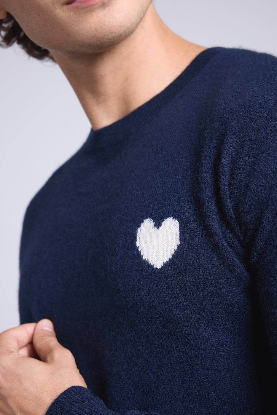 Victor Heart Round Neck Jumper - Navy Blue and White - Men