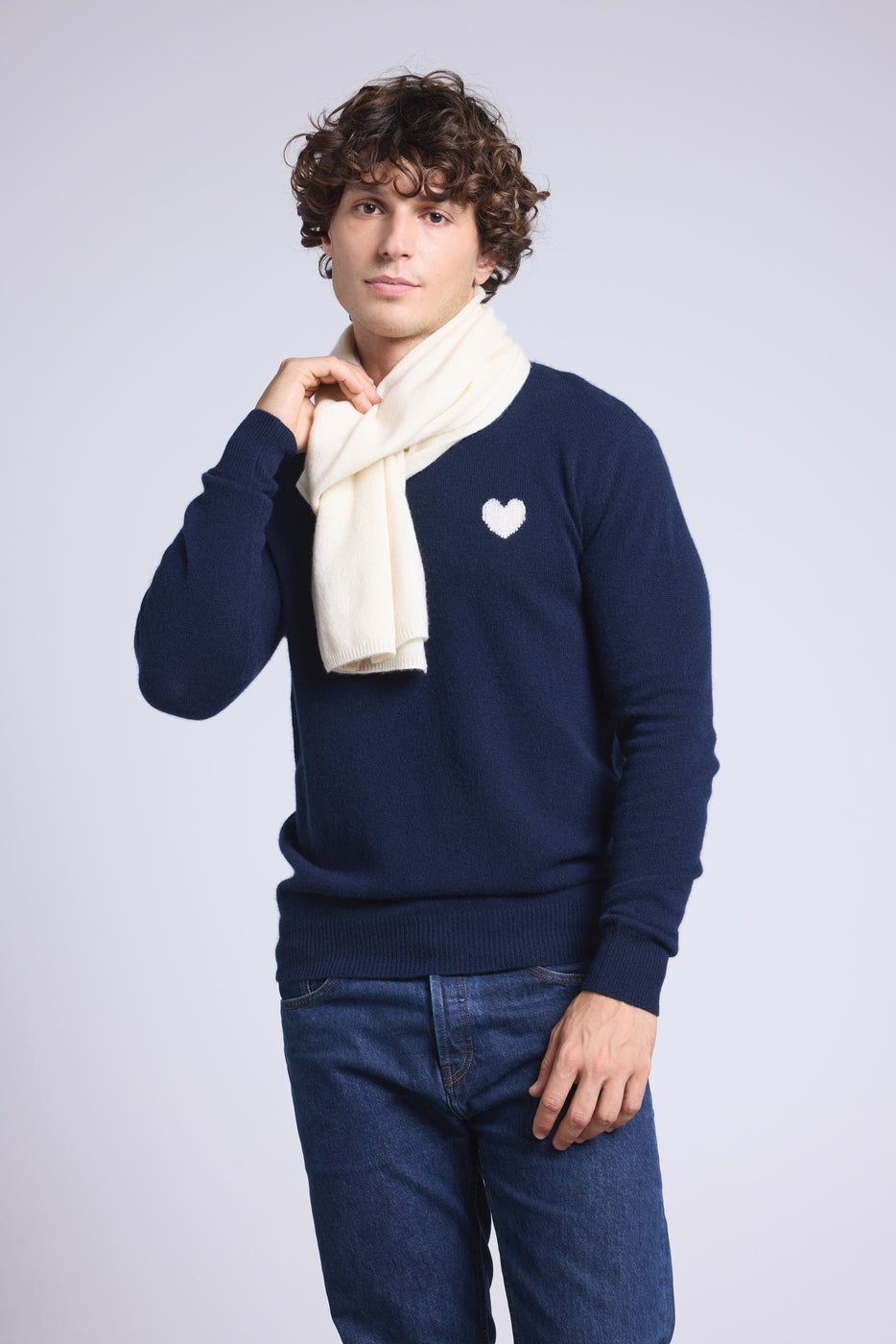 Victor Heart Round Neck Jumper - Navy Blue and White - Men