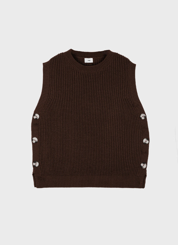 An'ge – Pull Vivienne Marron, gilet sans manches en maille côtelée marron avec boutons sur les côtés