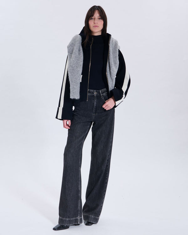 Manteau en laine bicolore nocturne contour cuir_1