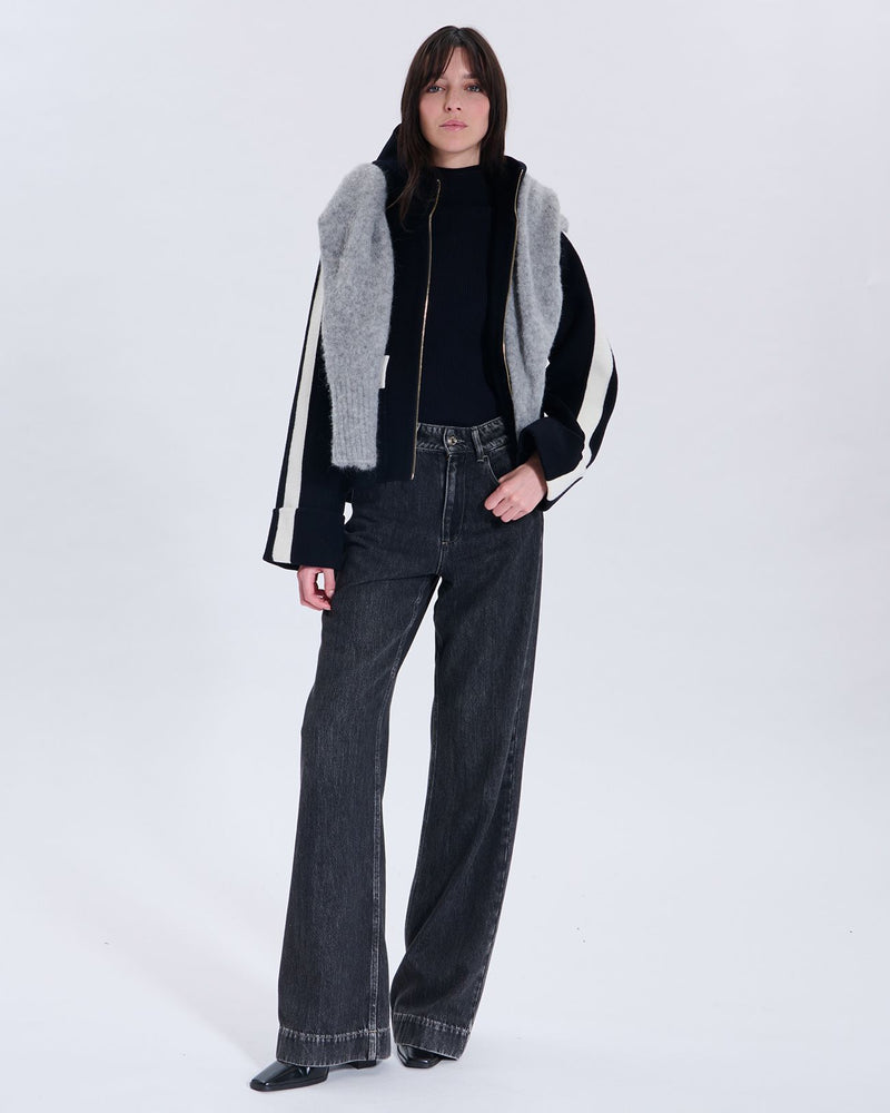 Manteau en laine bicolore nocturne contour cuir_1