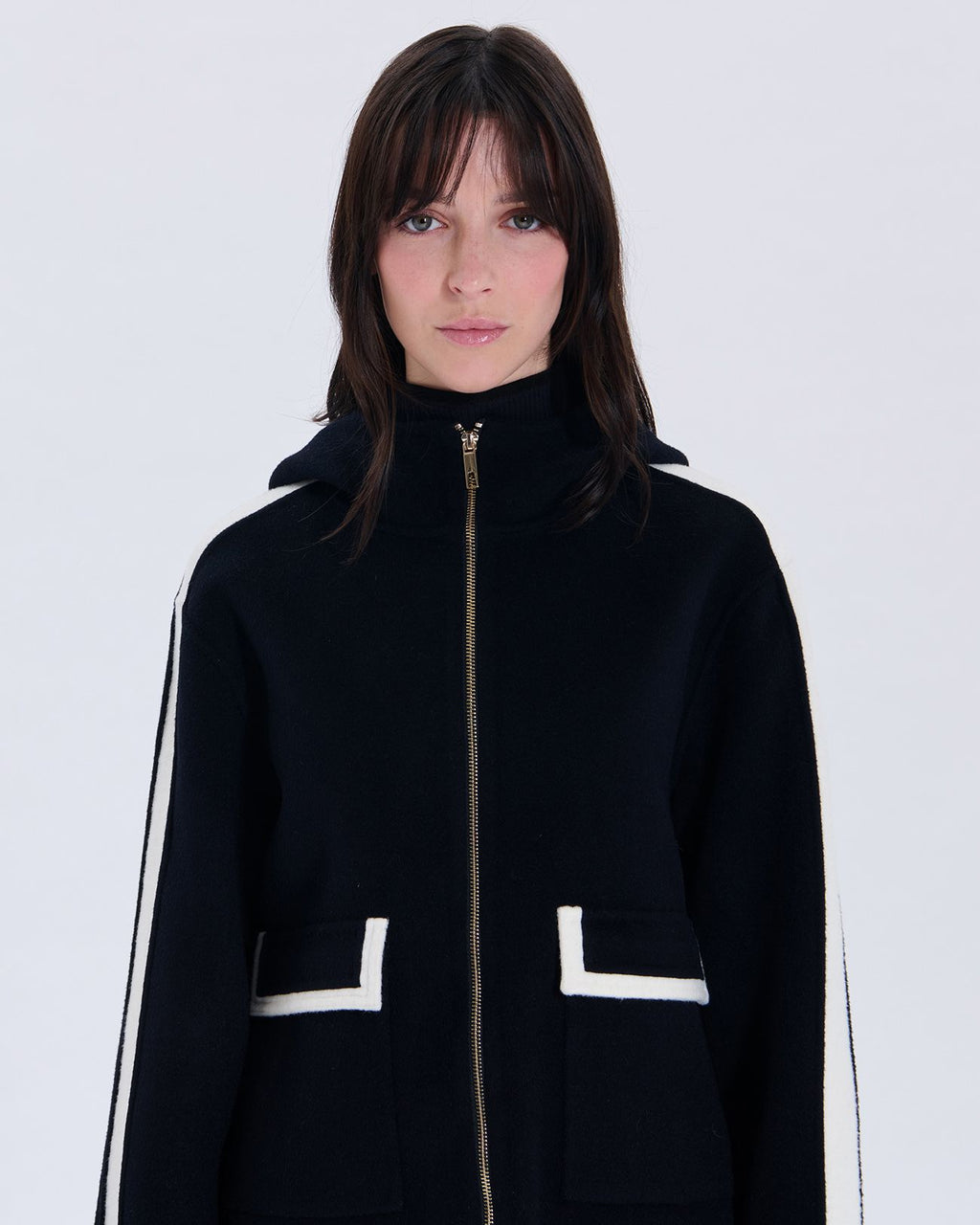 Manteau en laine bicolore nocturne contour cuir_2