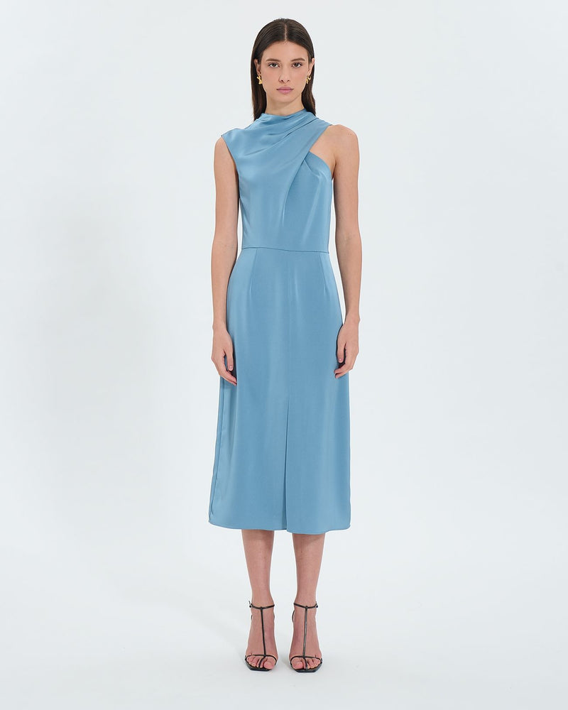 Robe asymétrique satinée bleue_1