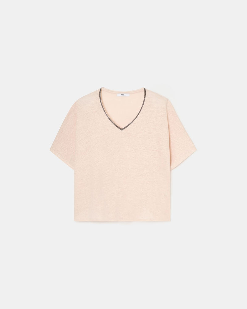 T-shirt col V en lin nude_5