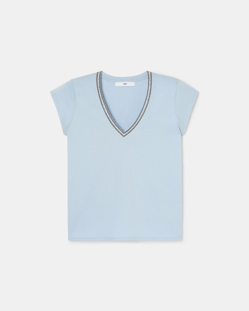 Tee-shirt col V bleu ciel_5