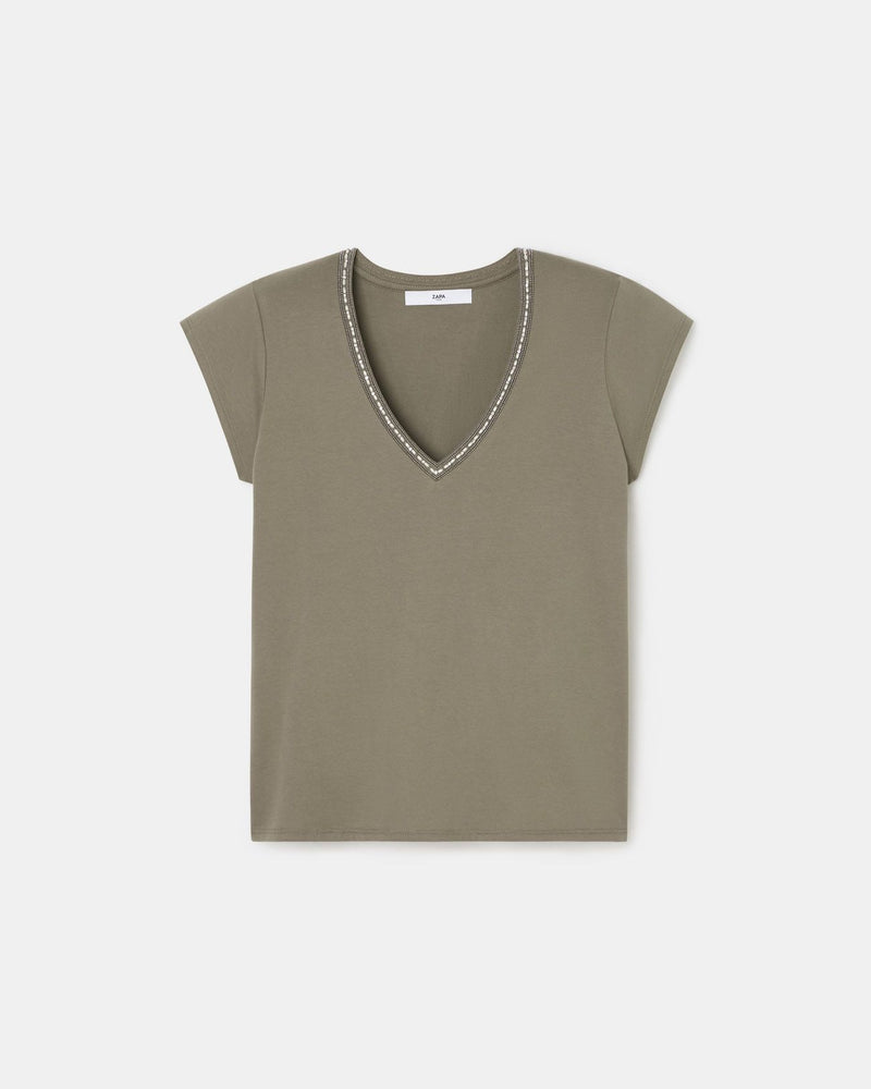 Tee-shirt col V kaki_5