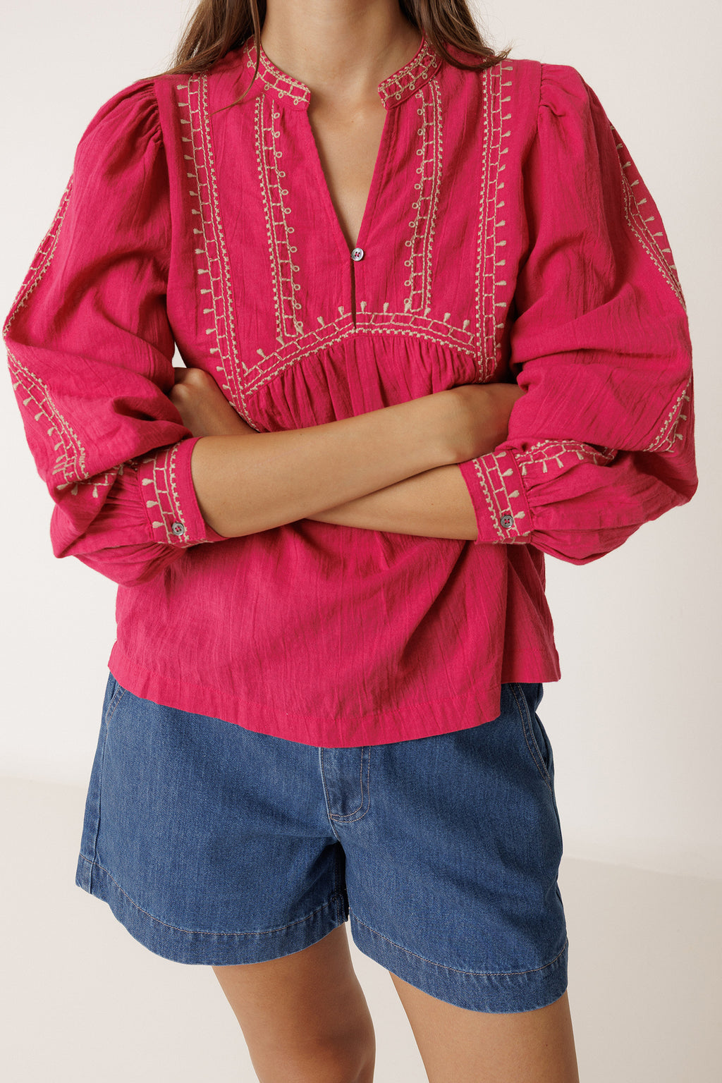 Blouse À Broderie Ethnique - Fraise