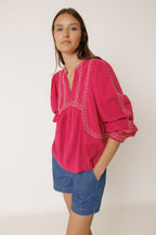 Blouse À Broderie Ethnique - Fraise