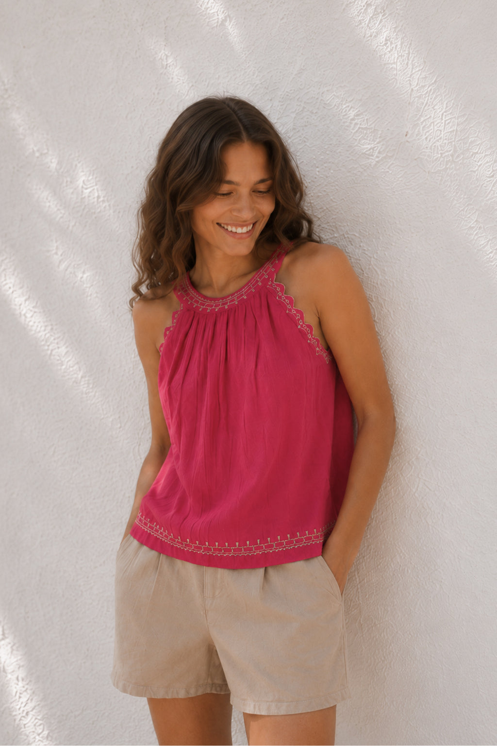 Haut À Broderie Contrastée - Fraise
