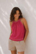 Haut À Broderie Contrastée - Fraise