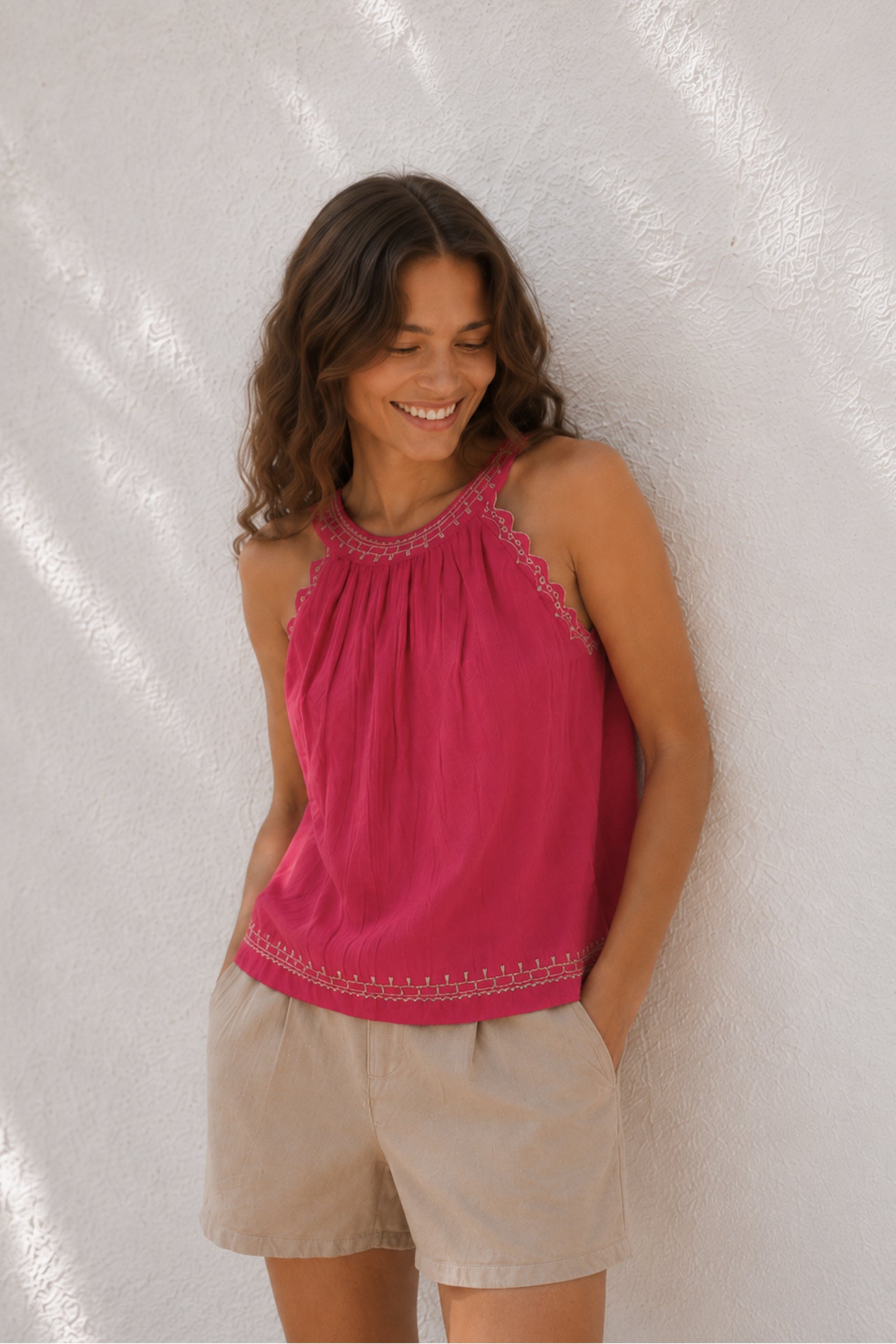 Haut À Broderie Contrastée - Fraise