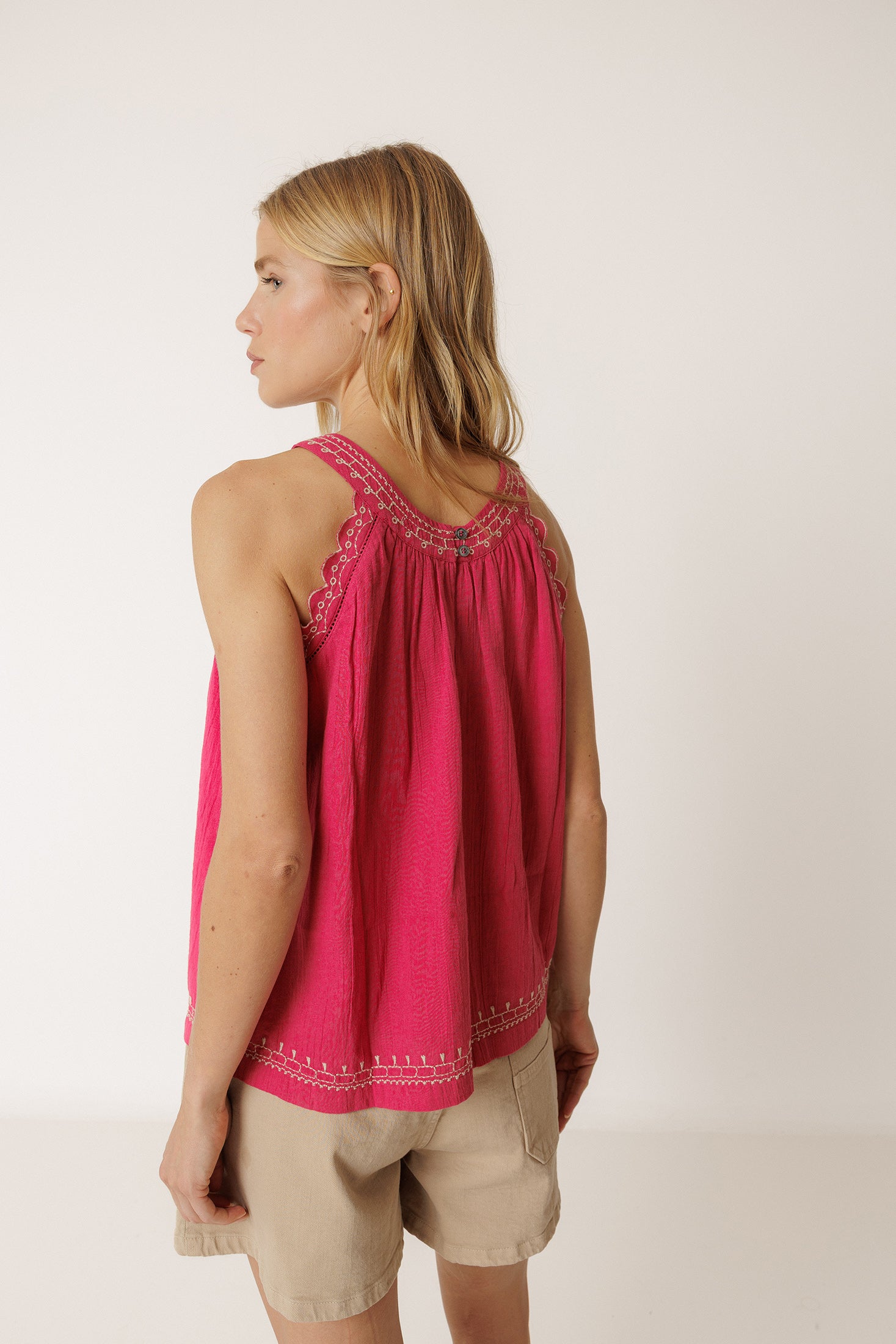 Haut À Broderie Contrastée - Fraise