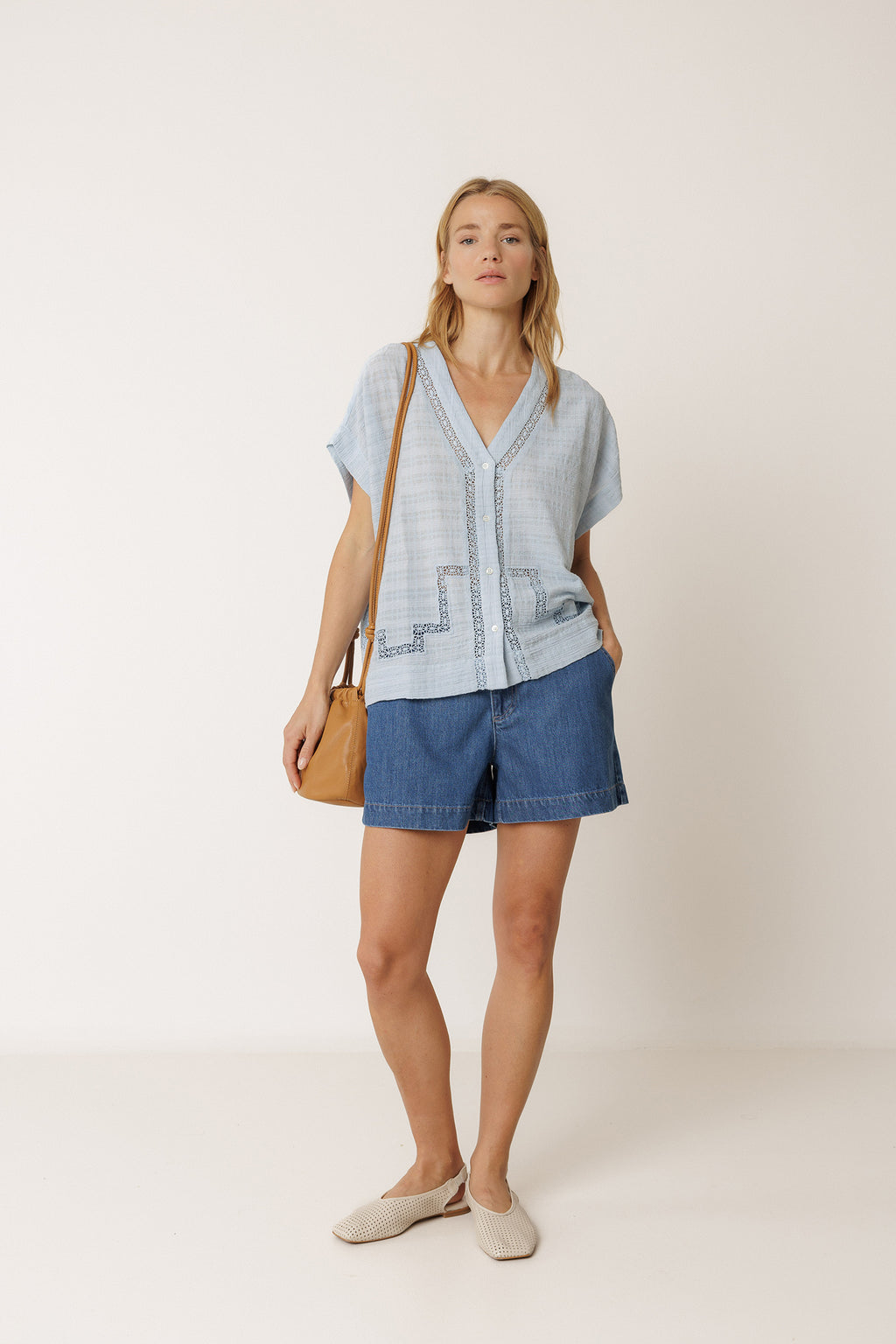 Chemise À Incrustations De Dentelle - Bleu Ciel