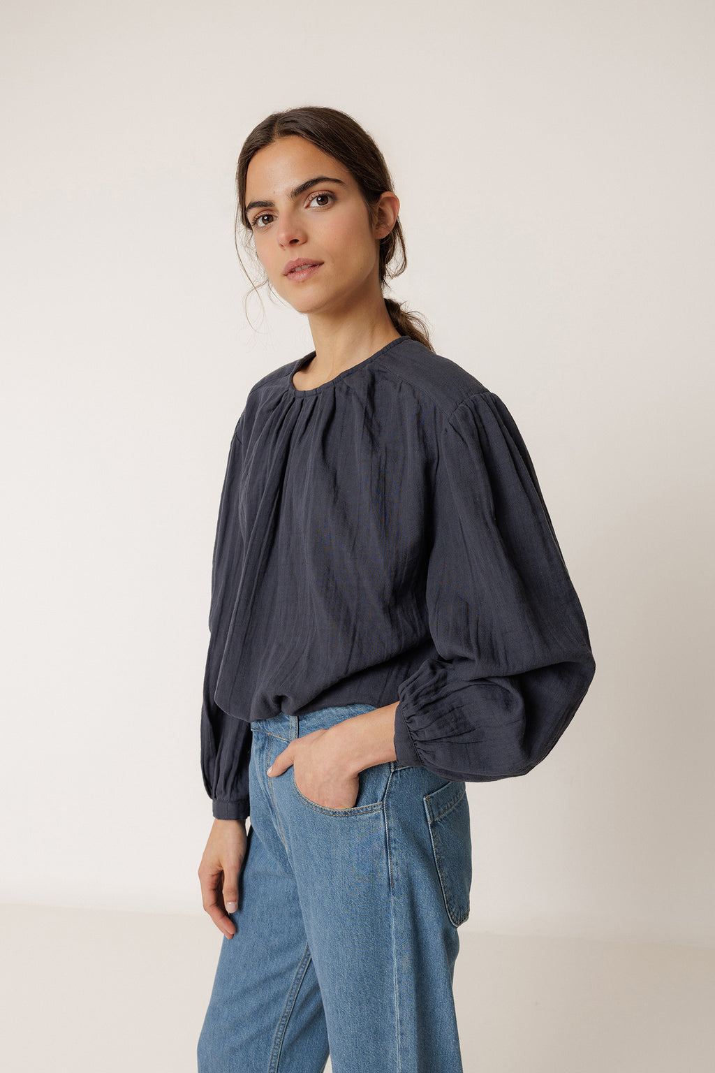 Blouse En Double Gaze - Bleu Marine