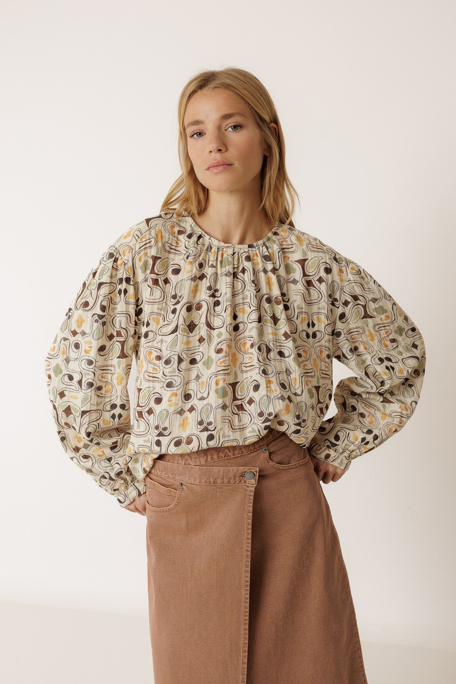 Blouse Imprimée En Double Gaze - Chocolat