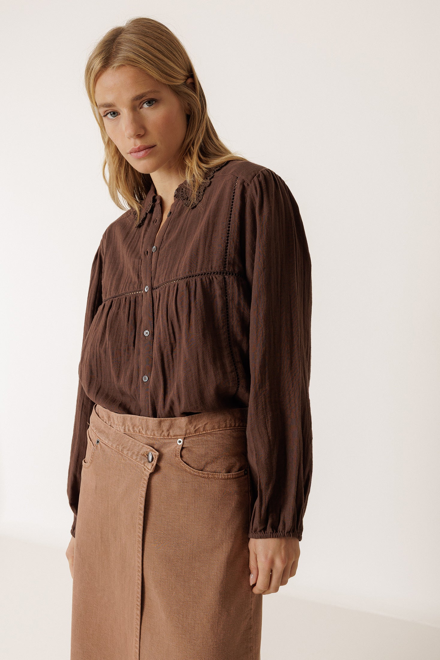 Chemise À Encolure Crochetée - Chocolat