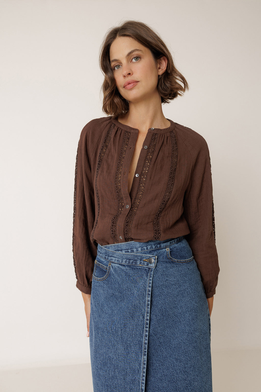 Chemise En Double Gaze Et Dentelle - Chocolat