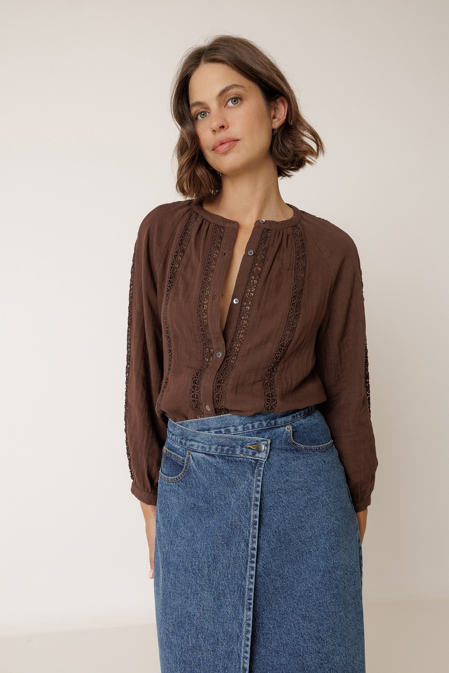 Chemise En Double Gaze Et Dentelle - Chocolat