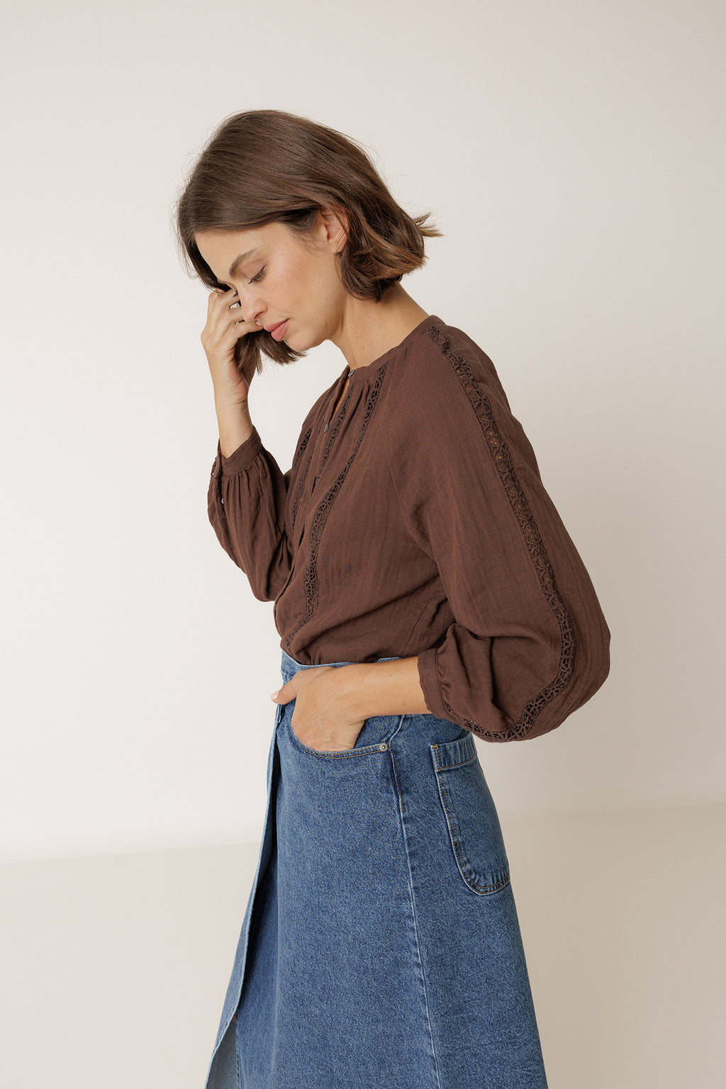 Chemise En Double Gaze Et Dentelle - Chocolat
