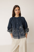 Blouse À Ourlet Fleuri - Bleu Marine