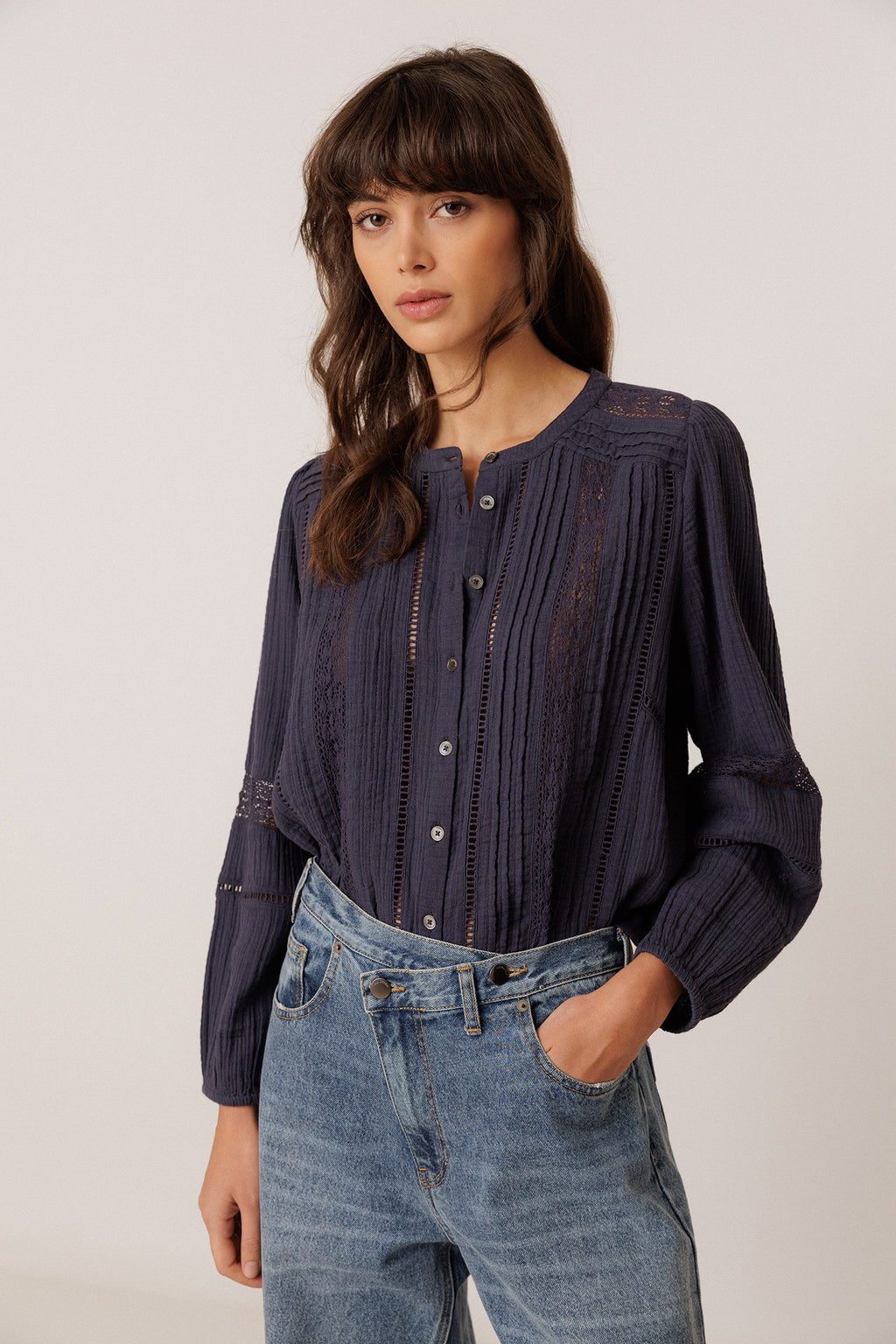 Chemise Romantique En Double Gaze - Bleu Marine