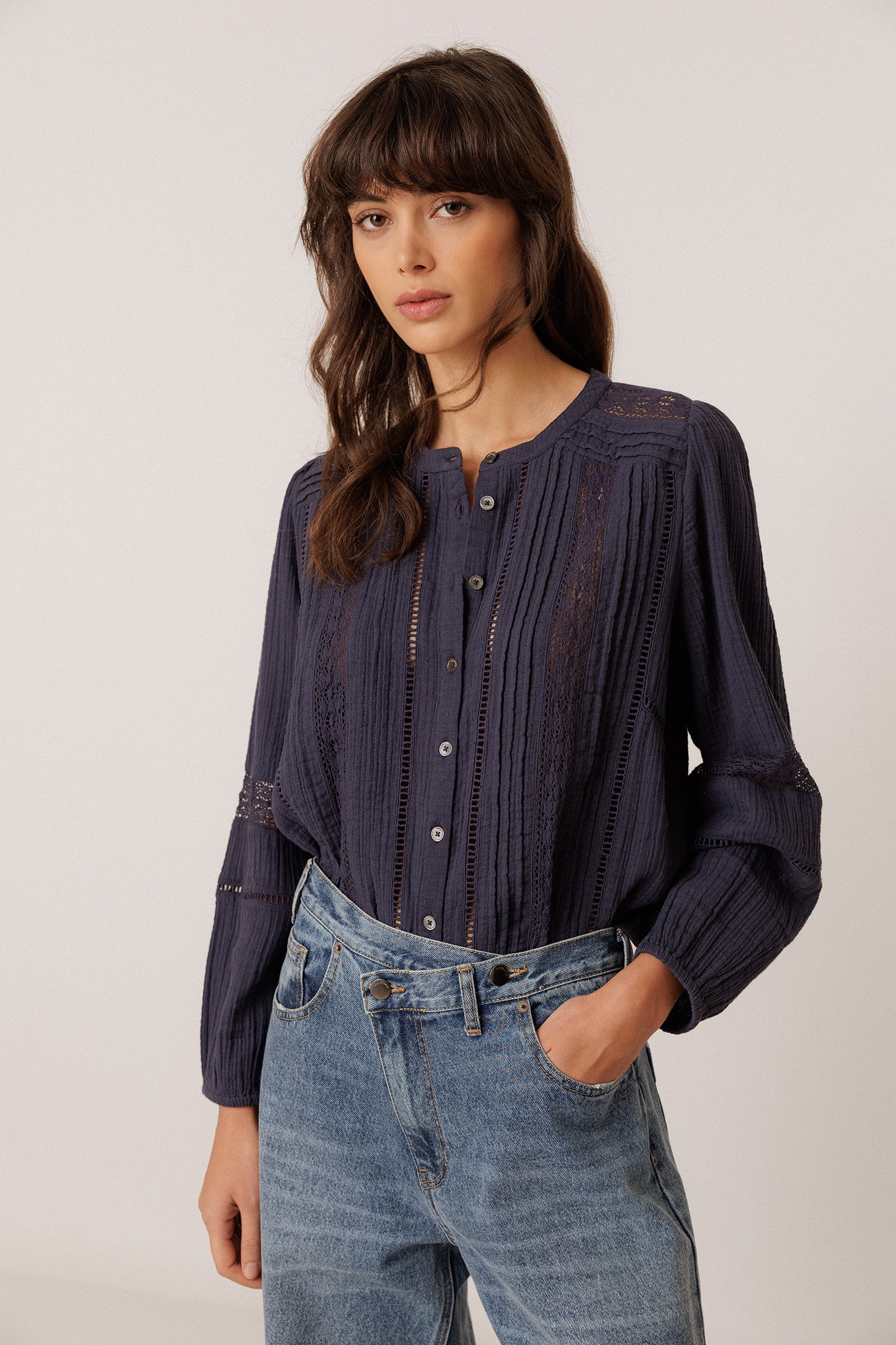 Chemise Romantique En Double Gaze - Bleu Marine