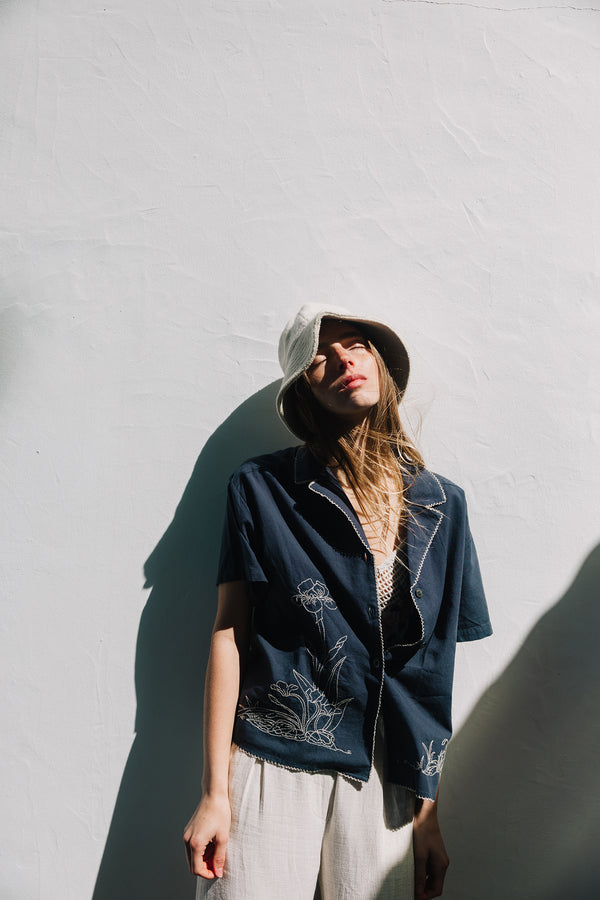 Long Embroidered Shirt - Navy Blue