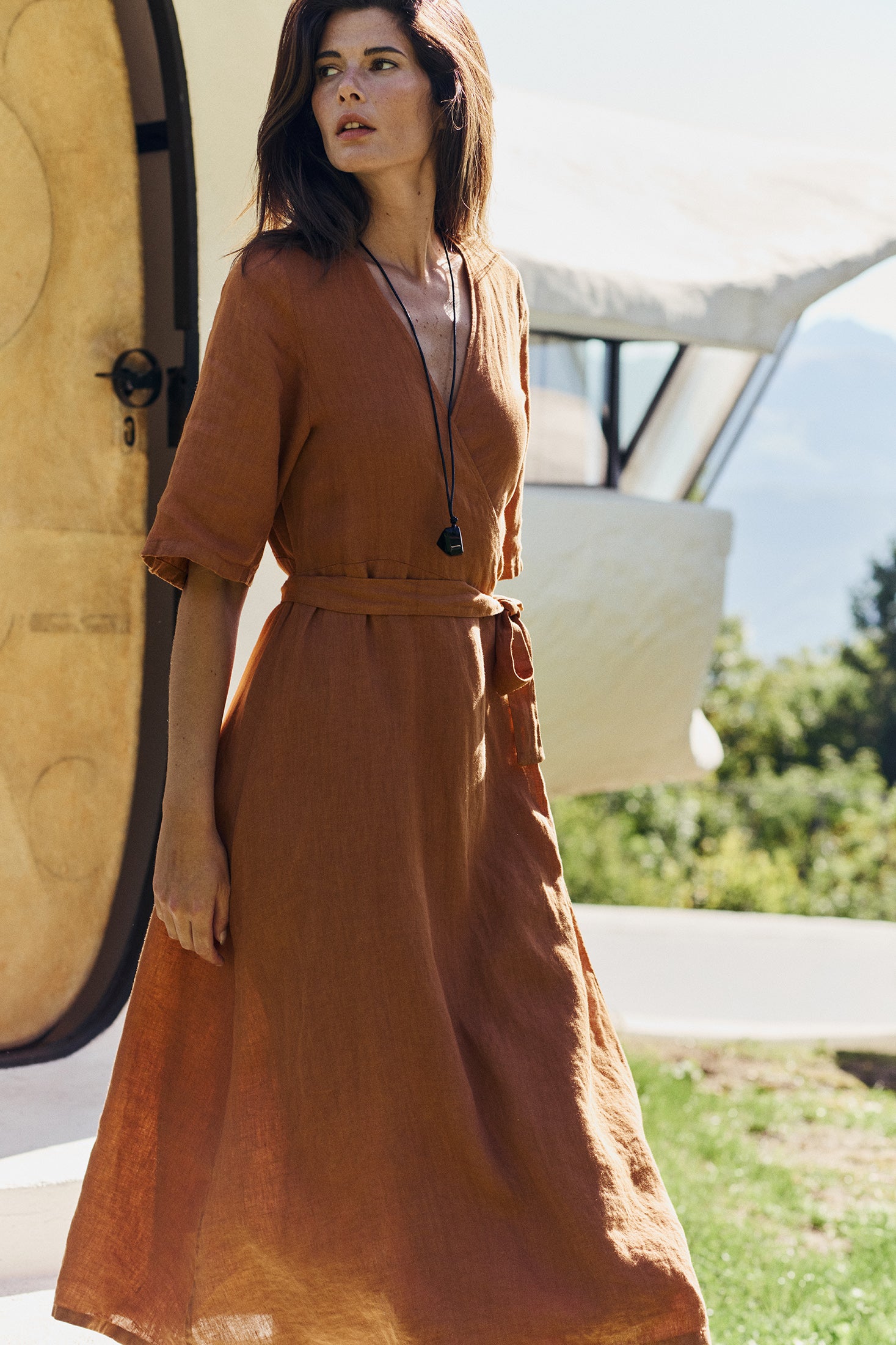 Robe Portefeuille En Lin - Rouille