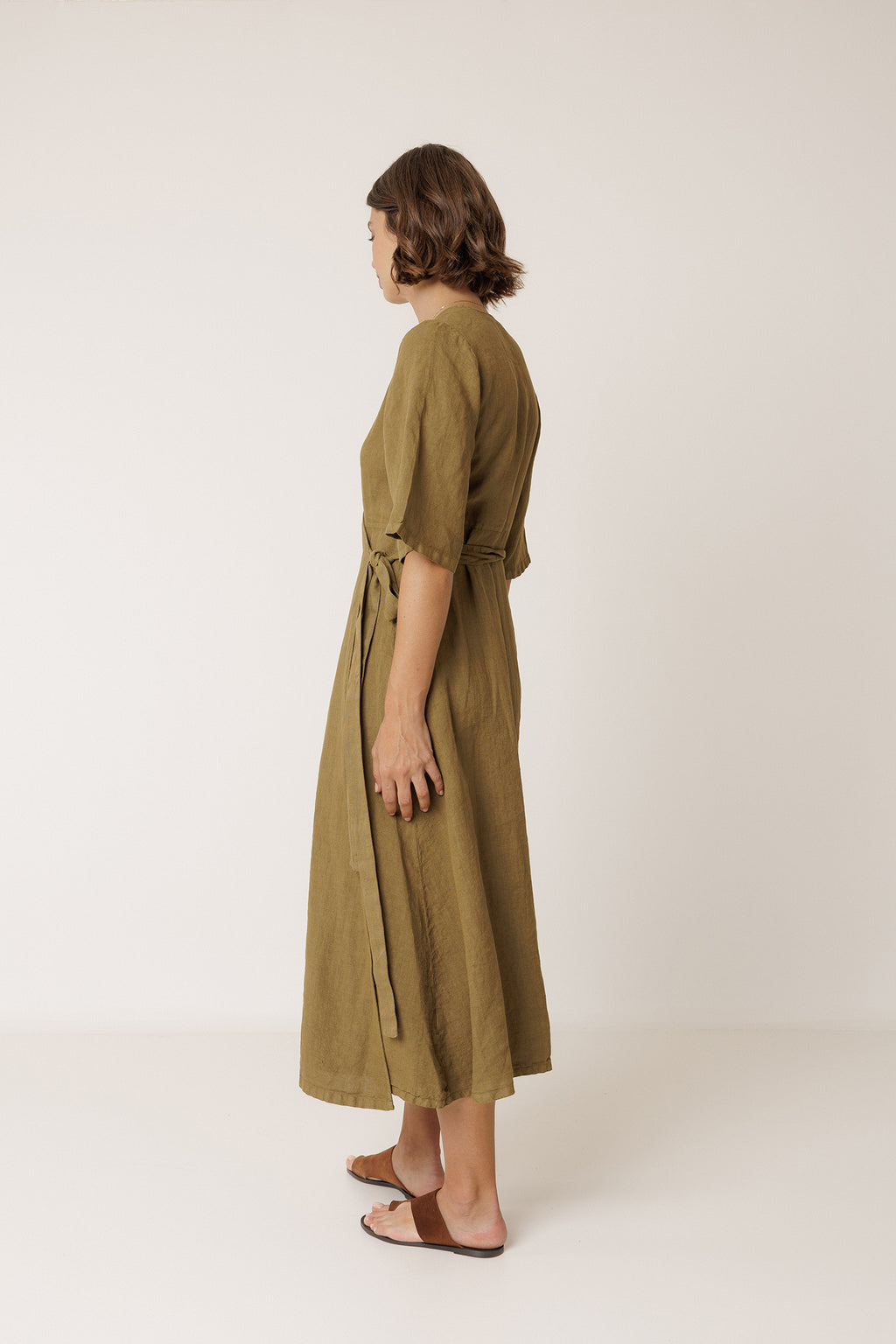 Robe Portefeuille En Lin - Kaki