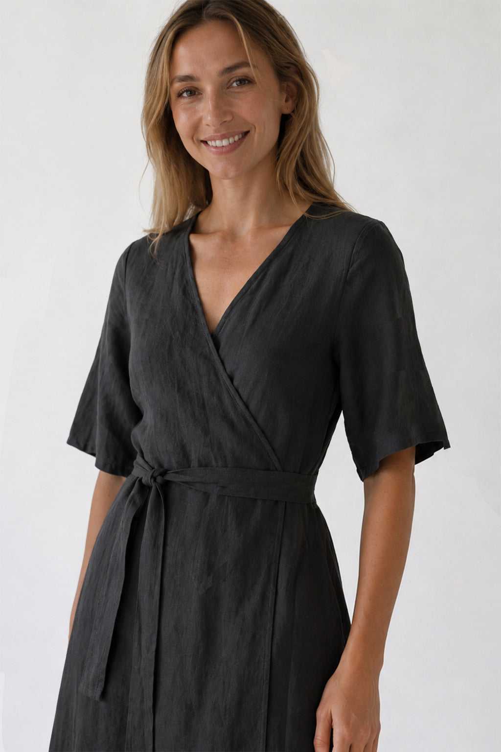 Robe Portefeuille En Lin - Charbon