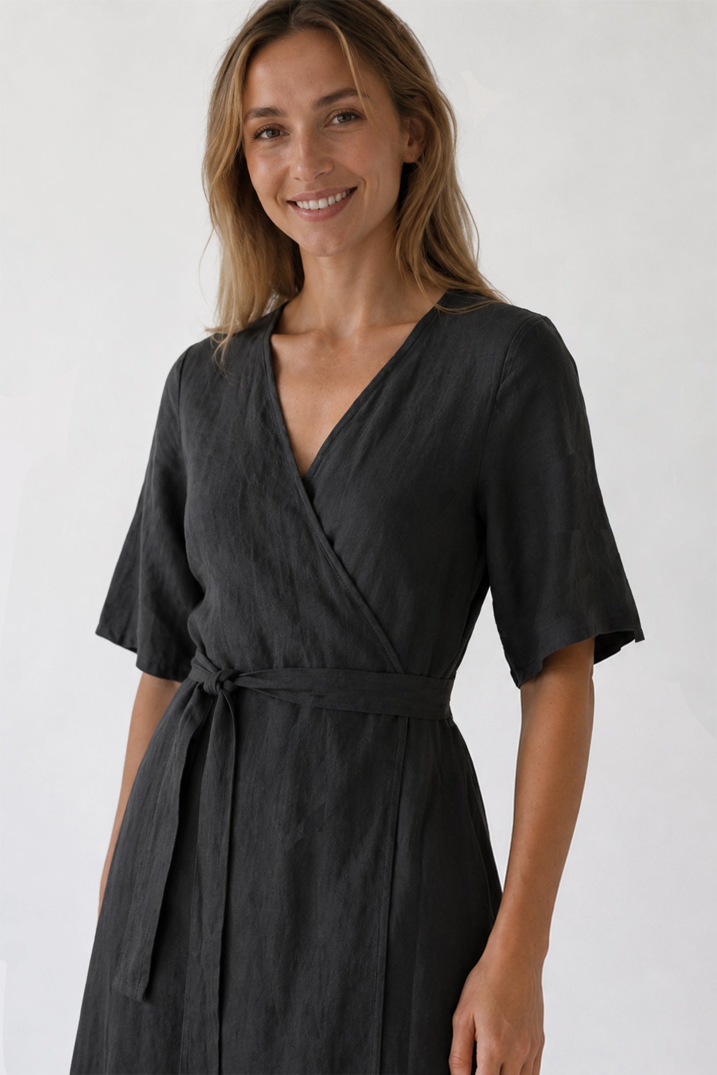 Robe Portefeuille En Lin - Charbon