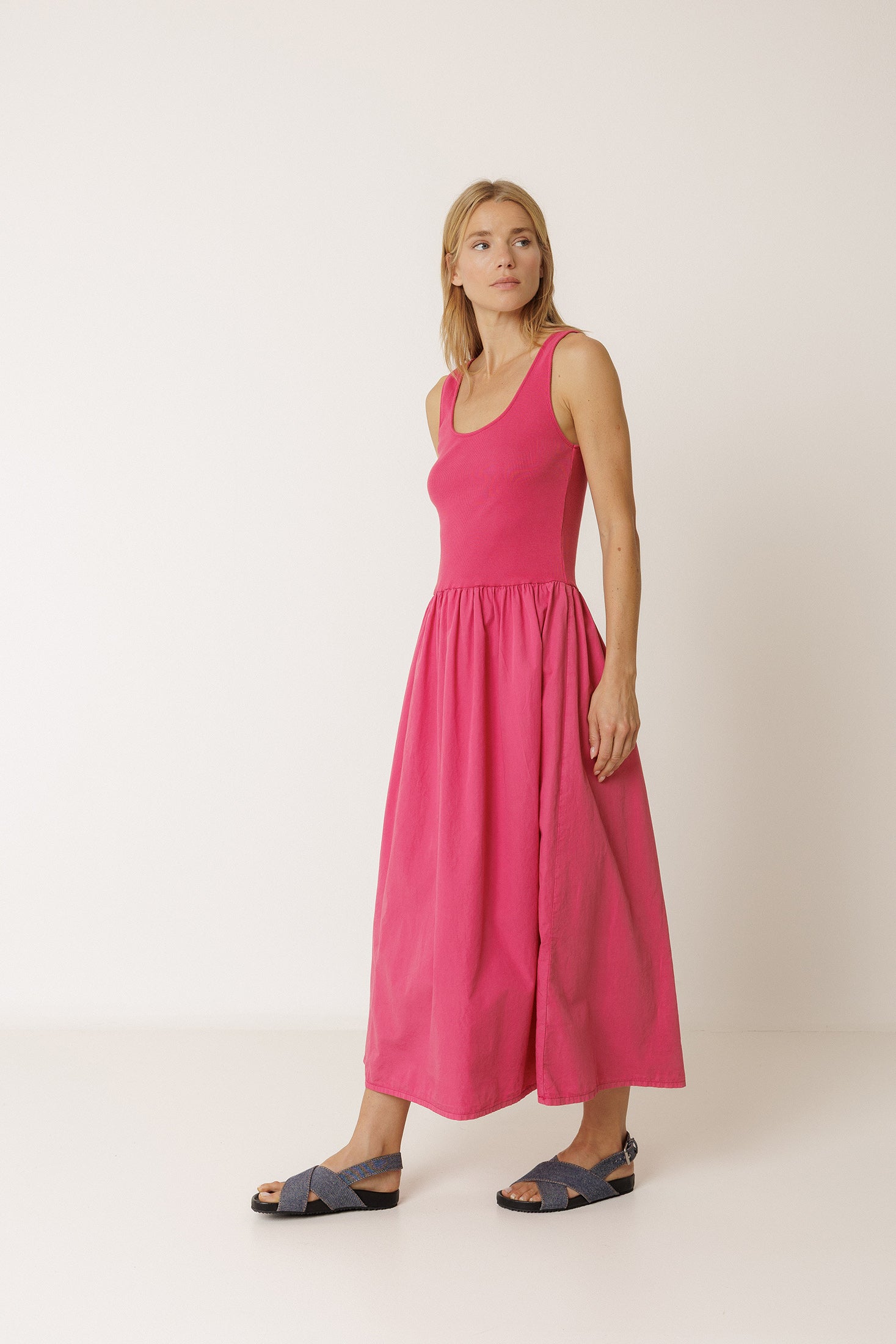 Robe Combinée En Popeline - Fraise