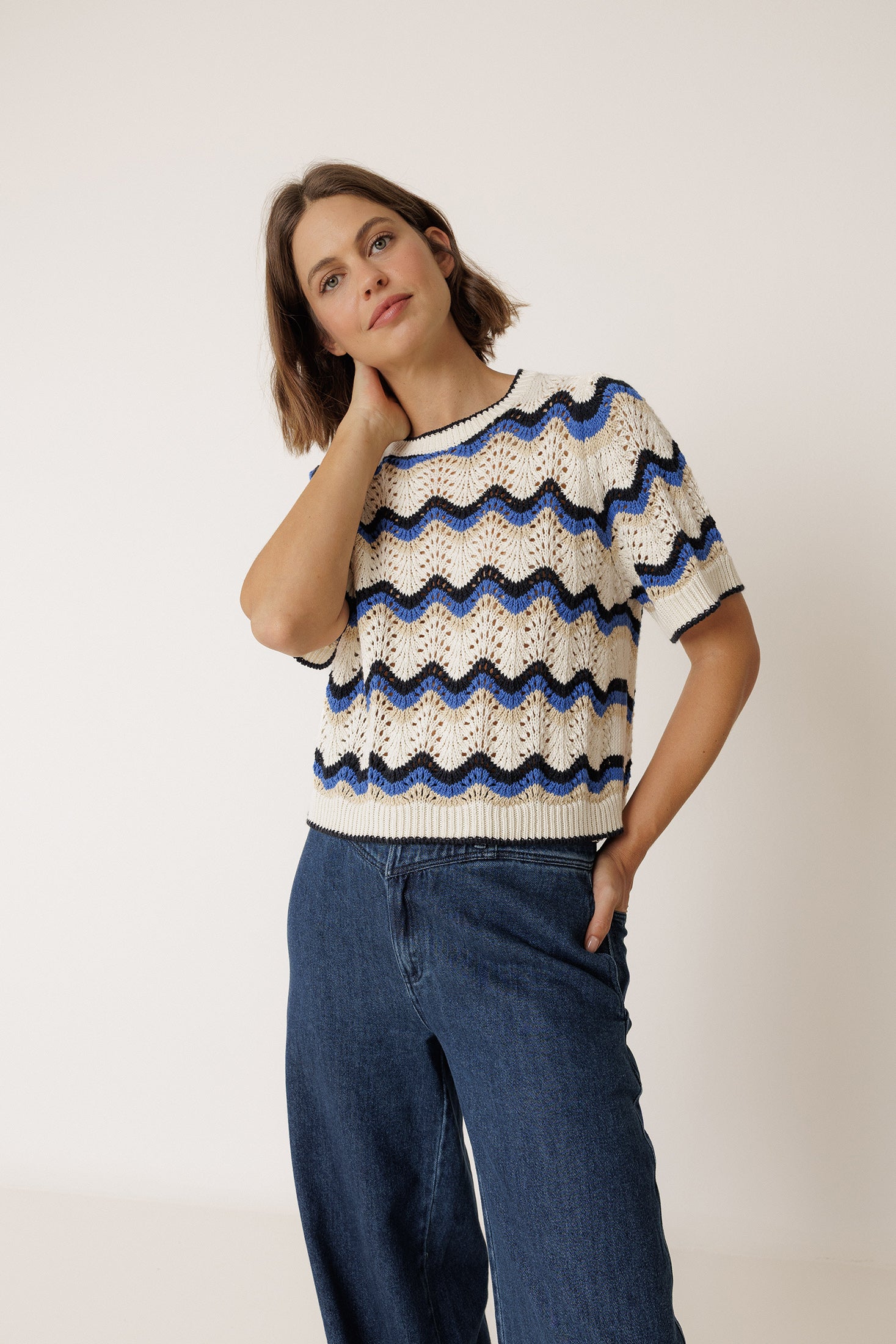 Pull Crocheté À Motif Zigzag - Bleu Britannique