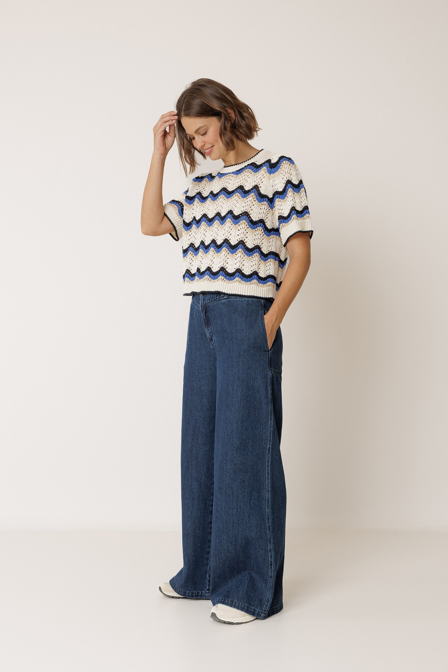 Pull Crocheté À Motif Zigzag - Bleu Britannique