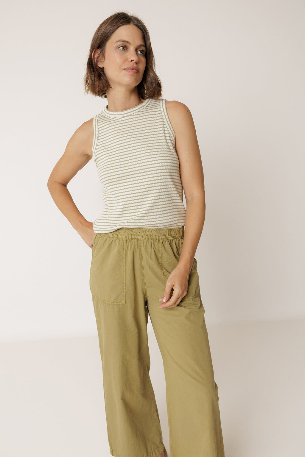 T-Shirt Dos-Nu Côtelé Rayé - Kaki