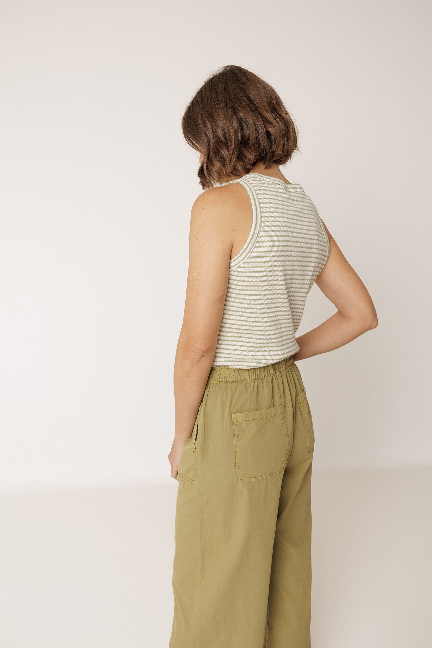T-Shirt Dos-Nu Côtelé Rayé - Kaki