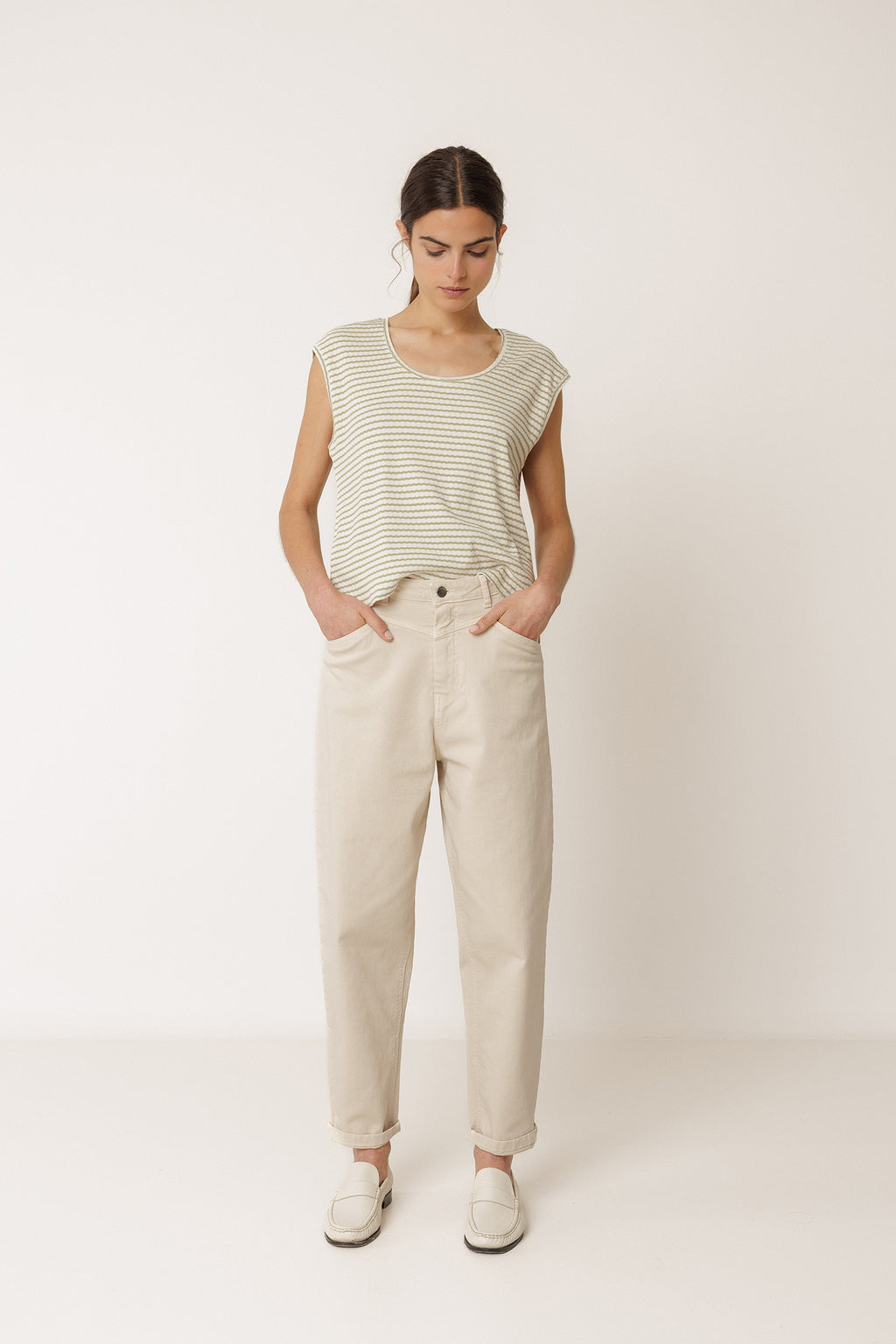T-Shirt Rayé Coupe Carrée - Kaki