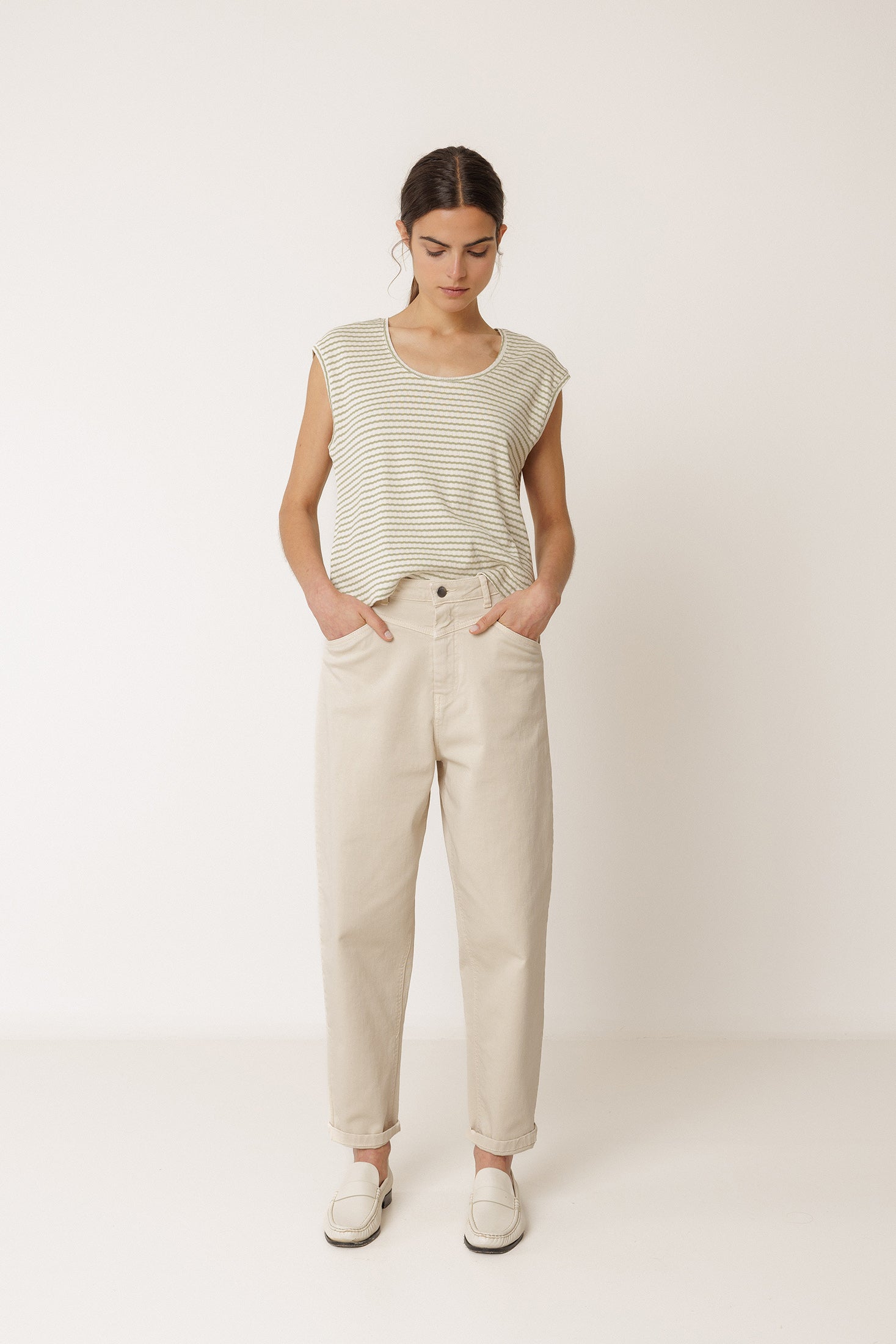 T-Shirt Rayé Coupe Carrée - Kaki