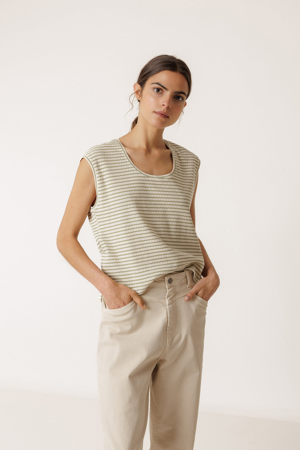 T-Shirt Rayé Coupe Carrée - Kaki