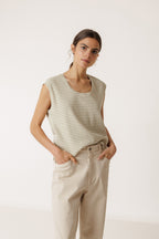 T-Shirt Rayé Coupe Carrée - Kaki