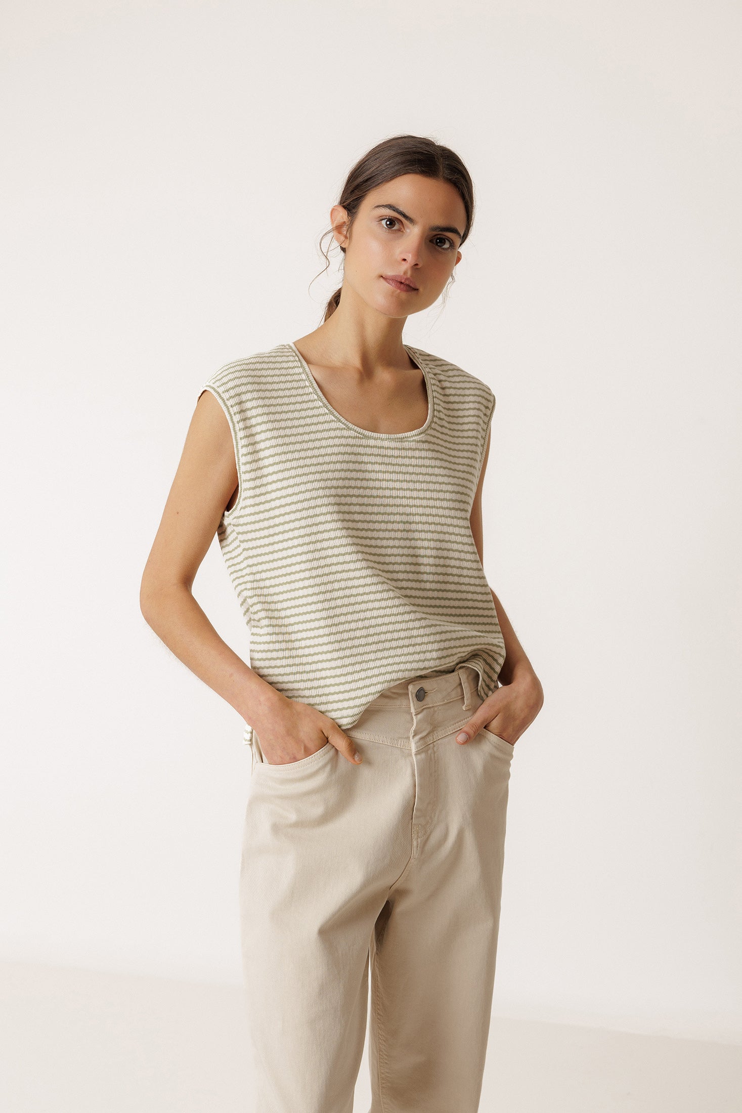 T-Shirt Rayé Coupe Carrée - Kaki