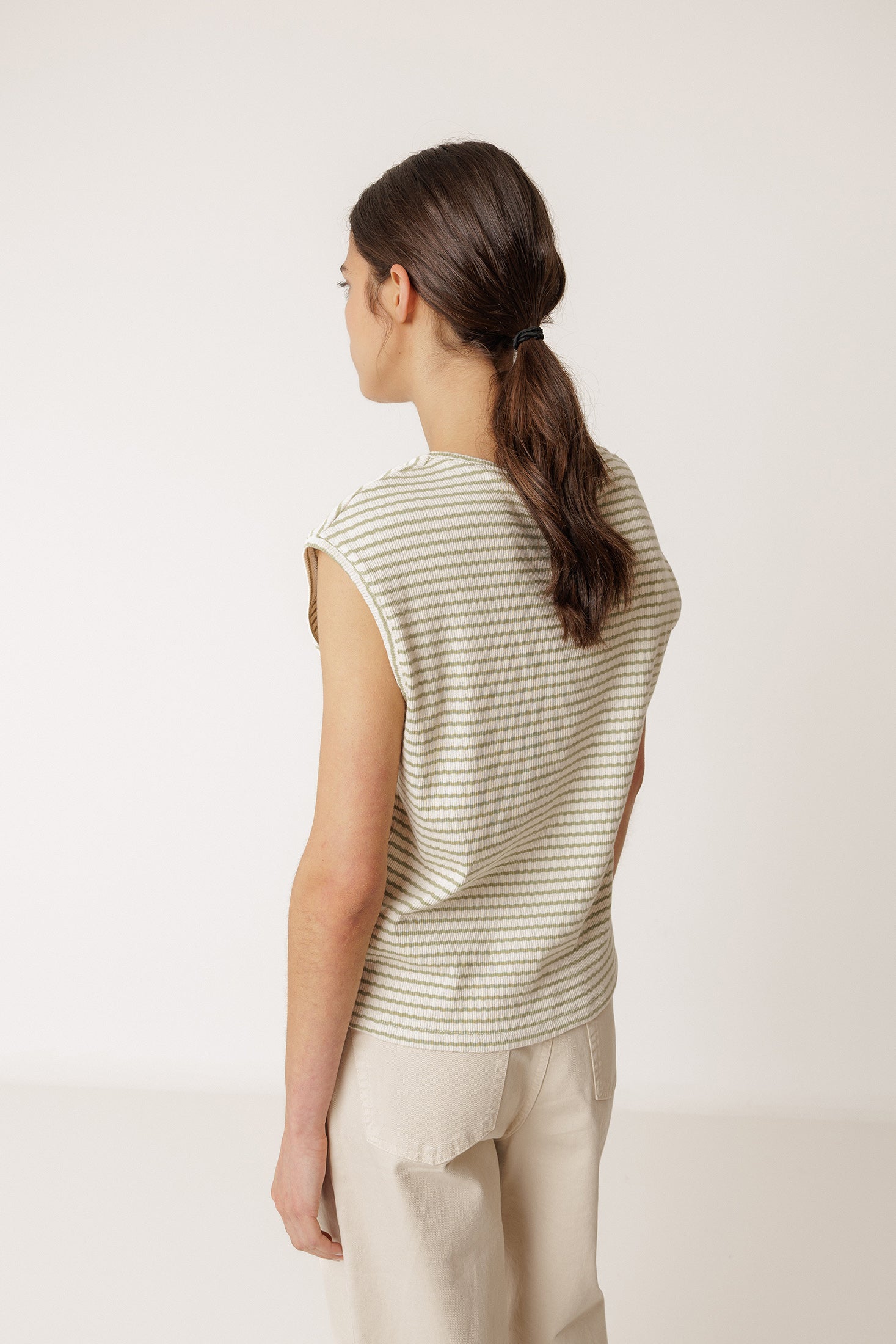 T-Shirt Rayé Coupe Carrée - Kaki